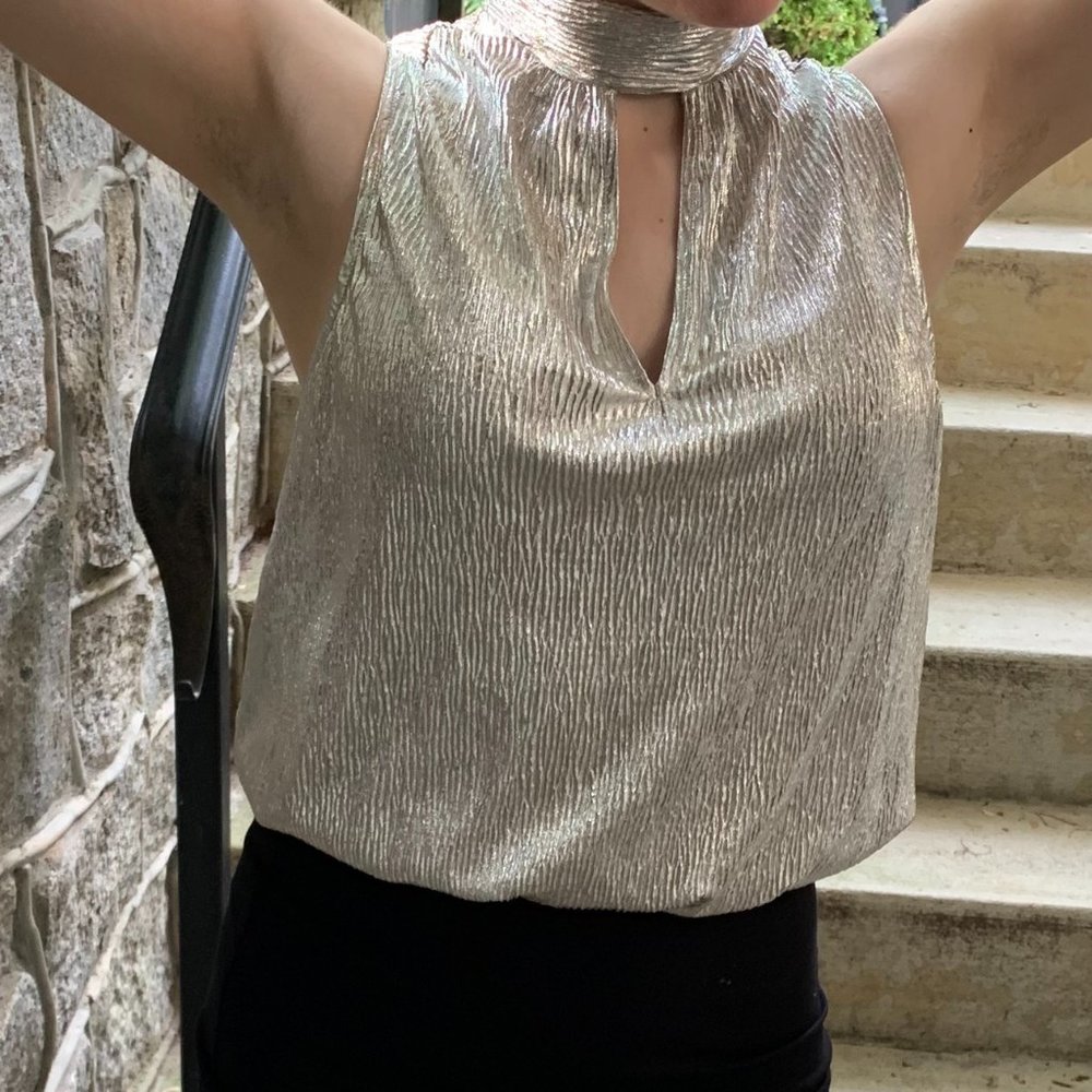 Express Champagne Mock Neck Keyhole Top